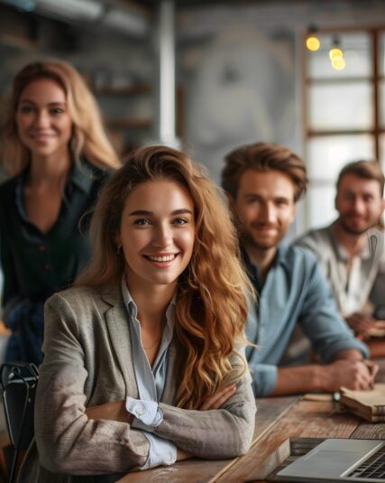 Smiling Young Business Woman in a Meeting with Her Team